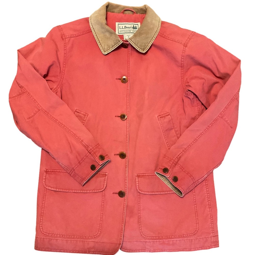VTG LL Bean Womens Salmon Pink Canvas Field Coat Corduroy Trim Chore Jacket M